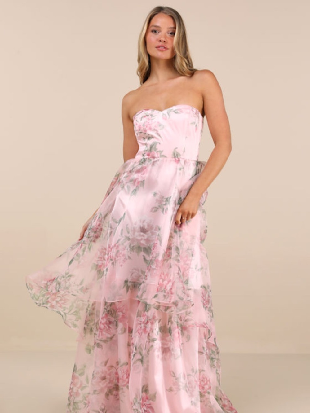 Lulus Truly Extraordinary Pink Floral Organza Strapless Maxi Dress - Size M